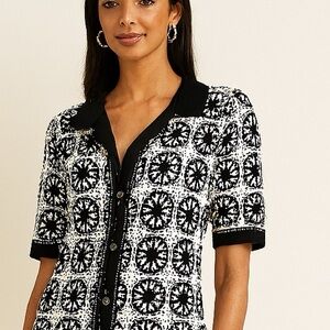 Black & White Crochet Knit Button-Up Top – Size XL